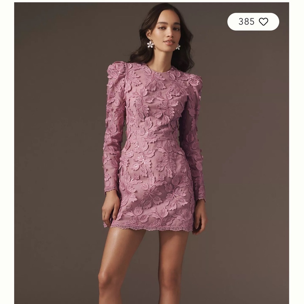 HELSI Christy Scalloped Long Sleeve Pink Floral Applique Mini Dress Sz S